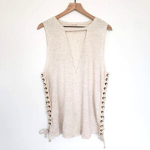Maronie SIZE S Cream Textured Tunic Tank Top Distressed Lace Up Sides Keyhole